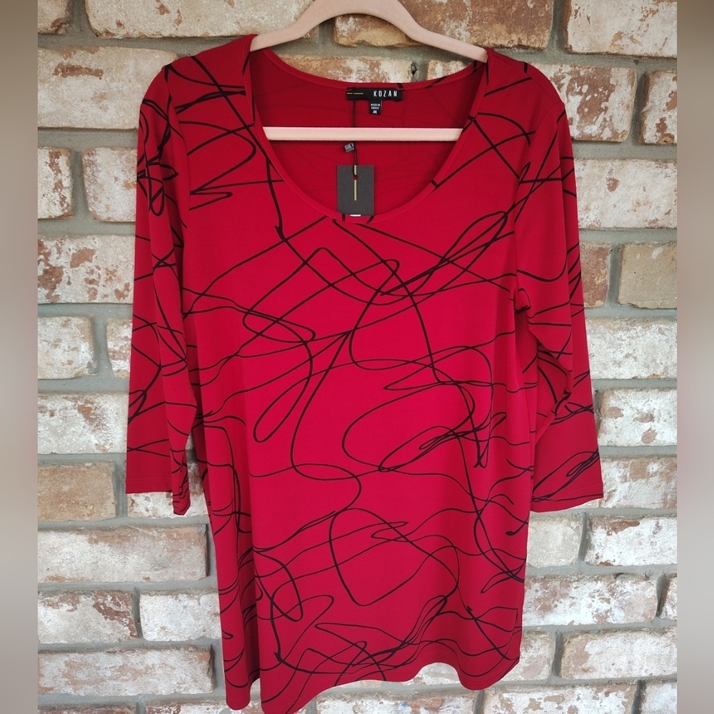 Kozan NWT Red Scribble Print Scoop Neck Slinky Tunic Top Sz M Artsy Career